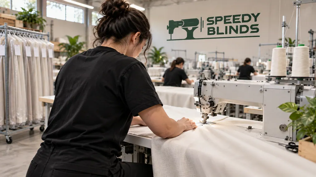 A machinist at a Speedy Blinds sewing station guides a long ivory curtain under the needle, a rack of finished curtains in clear bags beside her and more sewing stations working behind.