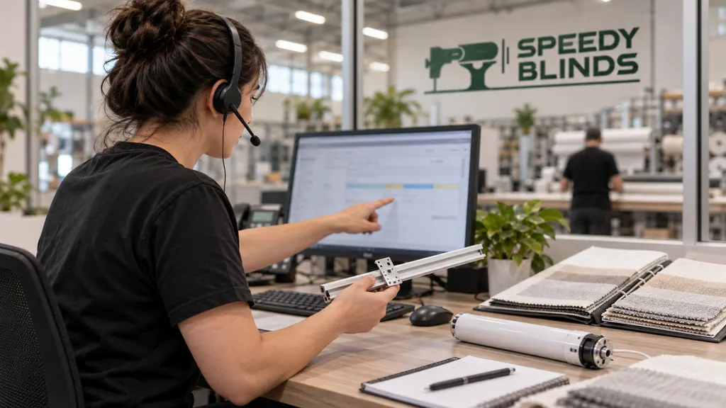 A Speedy Blinds staff member on a headset holds a length of curtain track with a bracket and points to a job on screen, fabric sample books and a tubular motor on the desk and the factory floor through the glass behind.