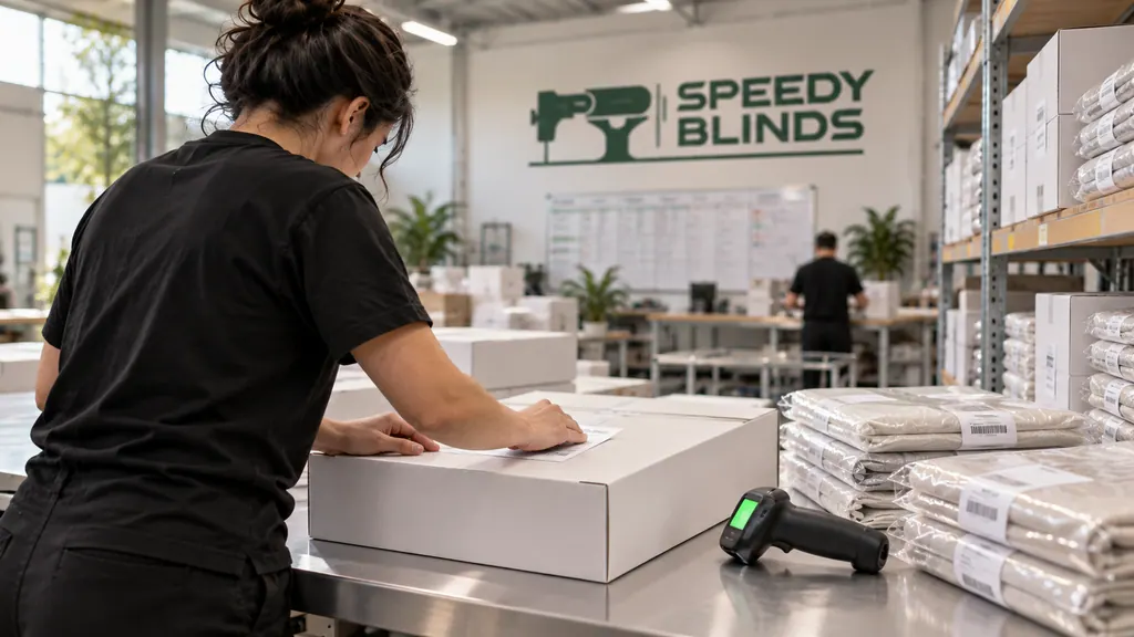 At the dispatch bench a staff member presses a label onto a packed carton, a handheld scanner beside it and labelled curtains in clear polythene stacked on the shelves behind.