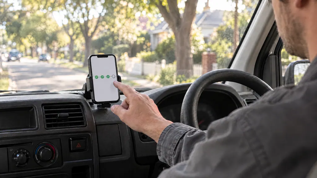 A driver in a work van reaching for a phone on the dashboard that shows a job's steps, three ticked and one still to go, with a leafy suburban street through the windscreen.
