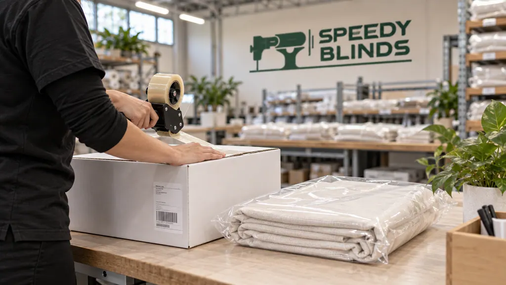 A staff member tapes shut a carton at the dispatch bench, a folded ivory curtain sealed in clear polythene beside it and shelves of finished work behind.