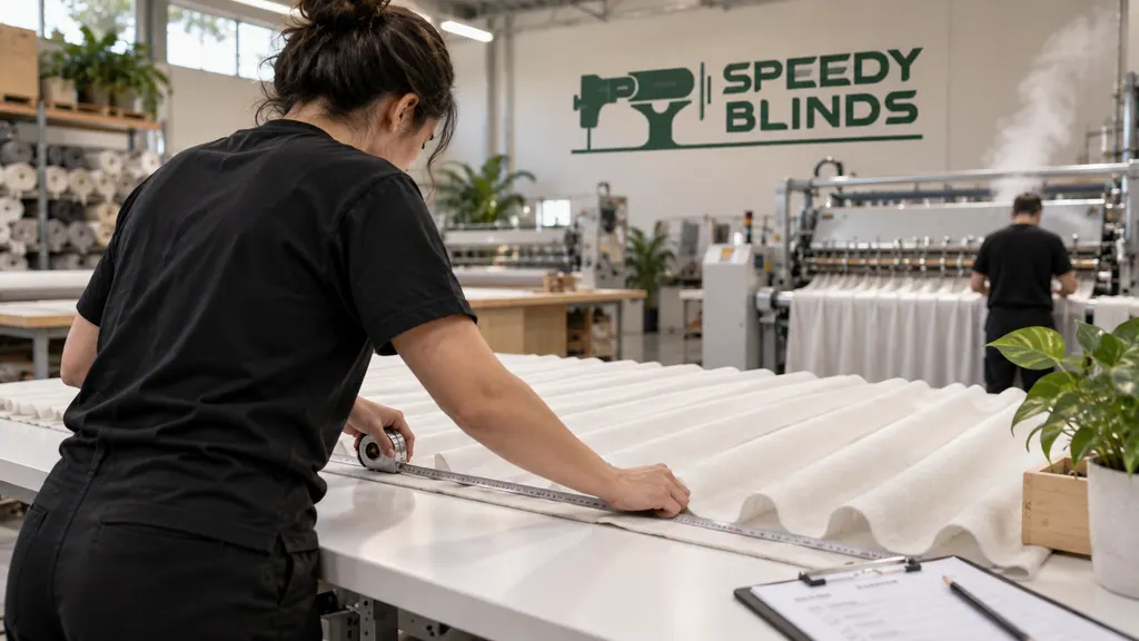 A staff member at a long white table with a finished ivory Wave Fold curtain laid out along it, the steam finishing machine working behind.