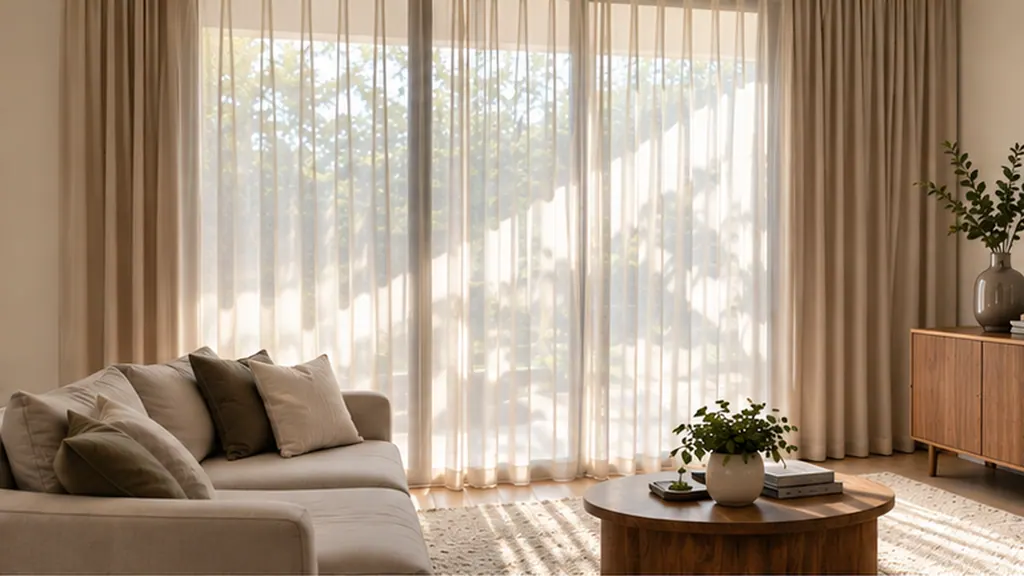 A finished living room in soft morning light, floor to ceiling ivory sheer curtains across the windows and linen curtains at each side.