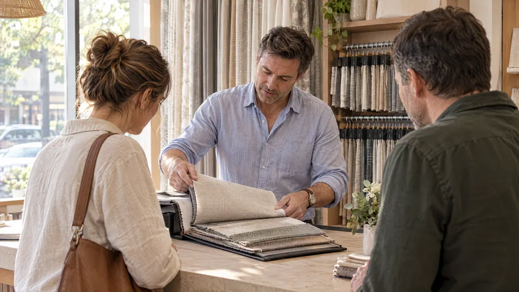 A curtain shop owner turning the pages of a fabric sample book for a couple at his counter, with hanging sample curtains and swatch hangers behind him.