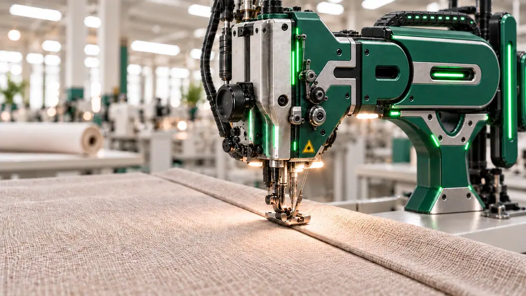 A sewing head stitching the side seam of a curtain panel on the factory floor at Speedy Blinds in Thomastown.