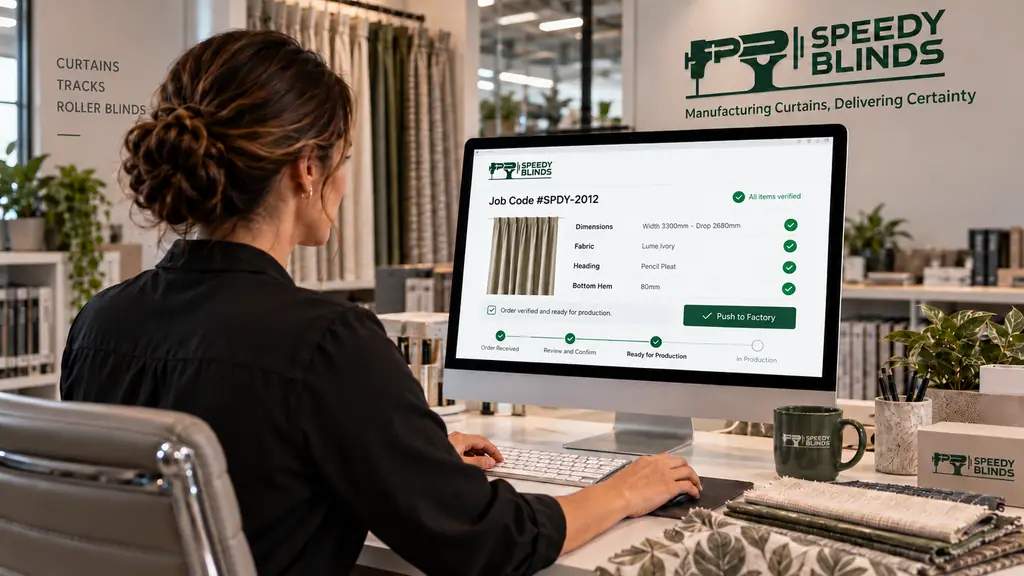 Job SPDY-2012 on screen at Speedy Blinds, with its width, drop, fabric, heading and hem being checked before it’s released to the factory.