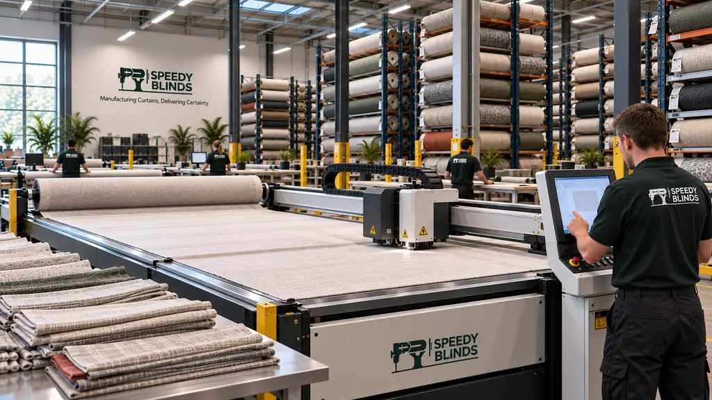Curtain fabric rolled out flat on the cutting table while the gantry head tracks down the cut line, fabric rolls racked behind.