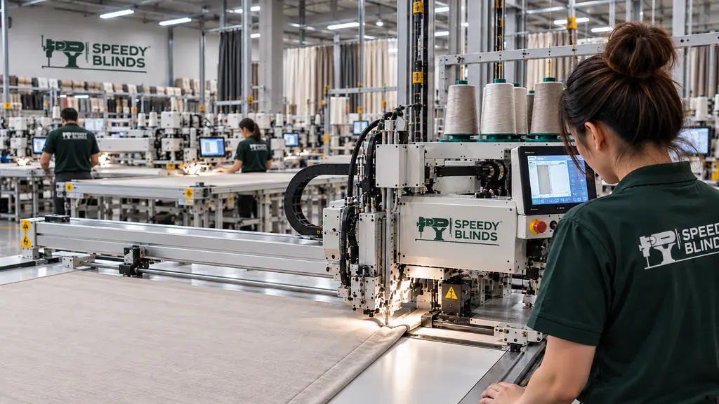 A curtain panel feeding under the needle of an automated sewing station, with identical stations working behind.