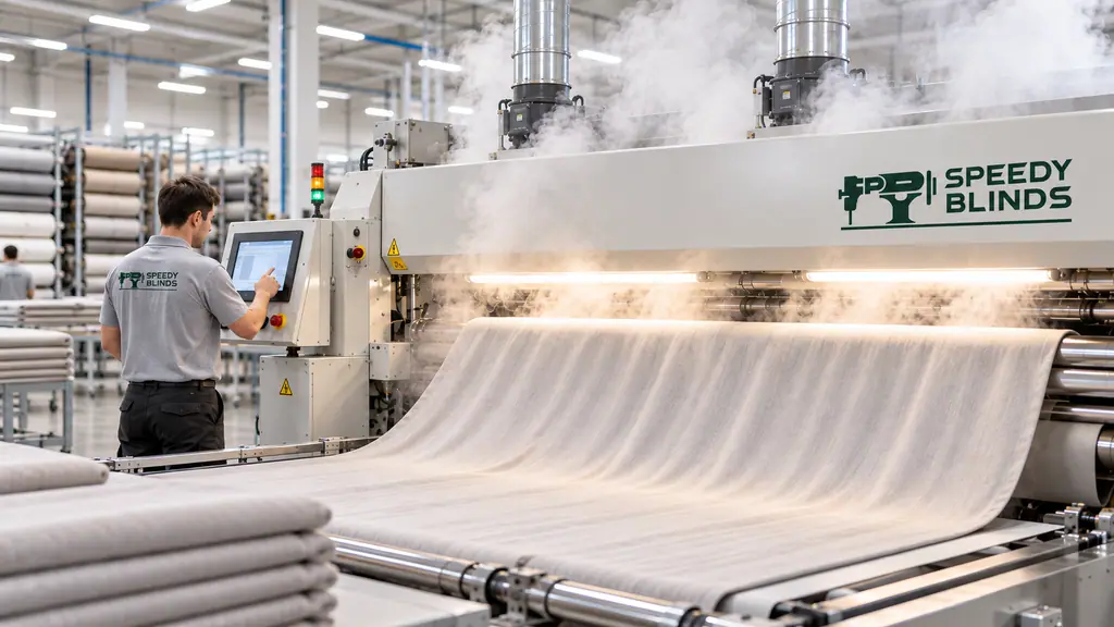 A finished curtain feeding into the steam finishing machine.