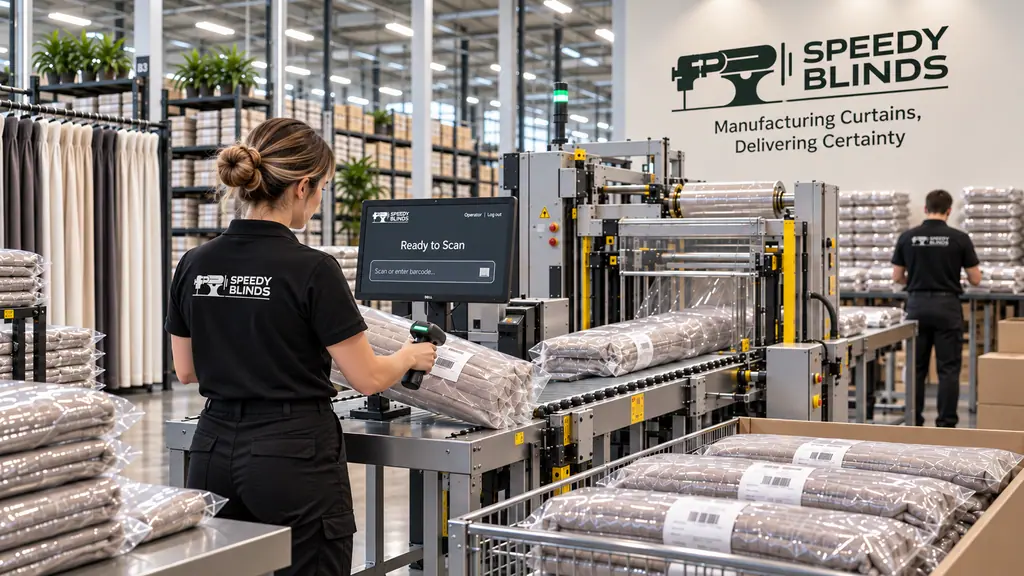 A finished curtain order being scanned against its job number and packed for dispatch, finished jobs racked behind.